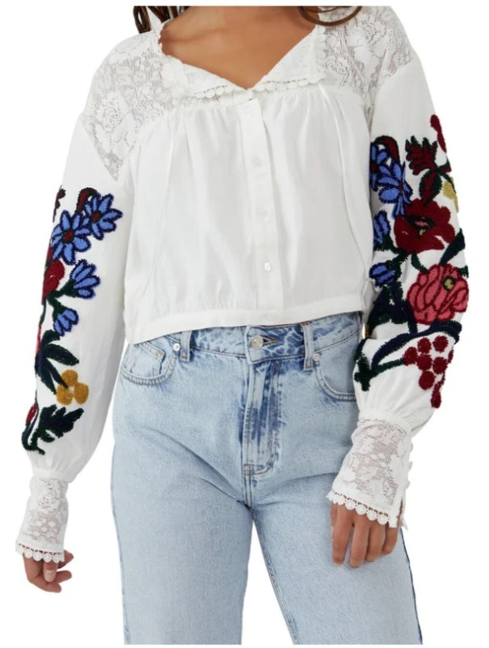 Free People Meadows Embroidered Crop Blouse White Small